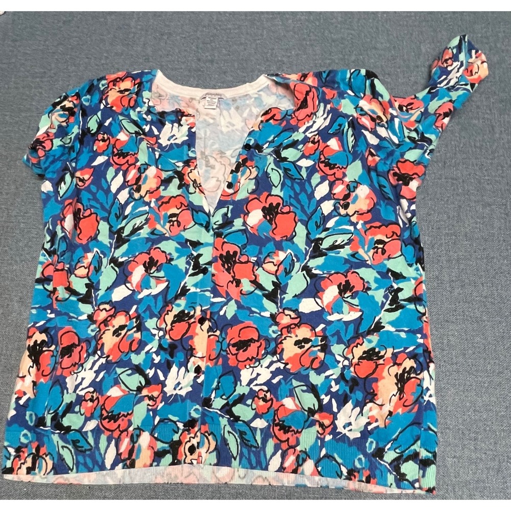 Hampshire Studio Womens 2X Floral Cardigan Sweater Blue Short Sleeve Cotton